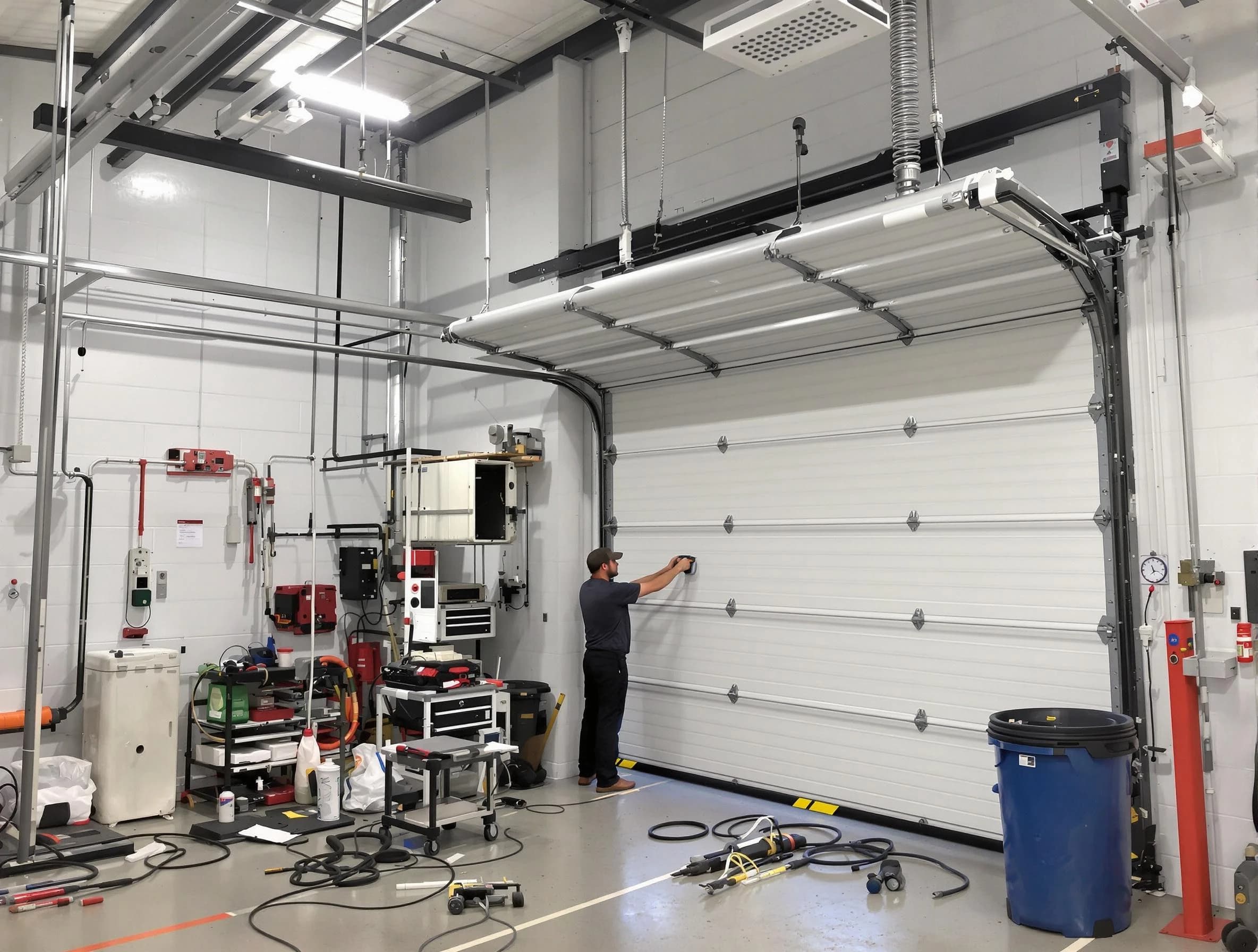 Williamsburg Garage Door Repair certified technician performing commercial door repair at a Williamsburg business facility