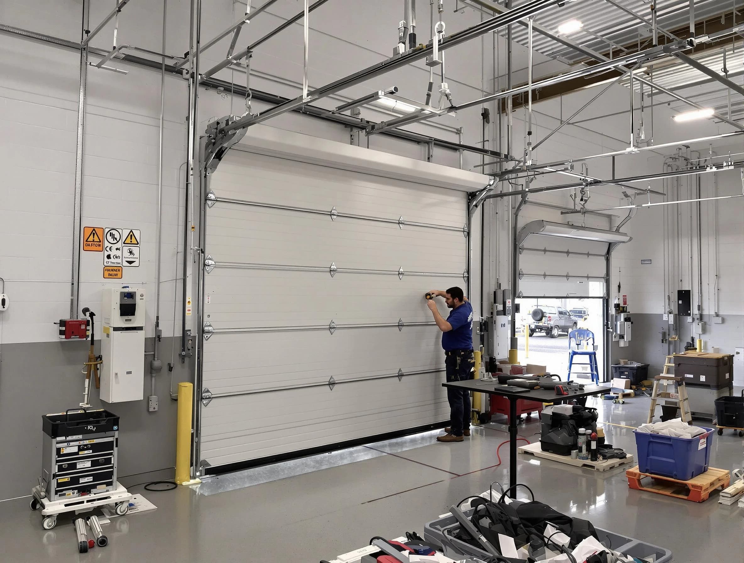Commercial garage door repair being performed by Williamsburg Garage Door Repair expert in Williamsburg
