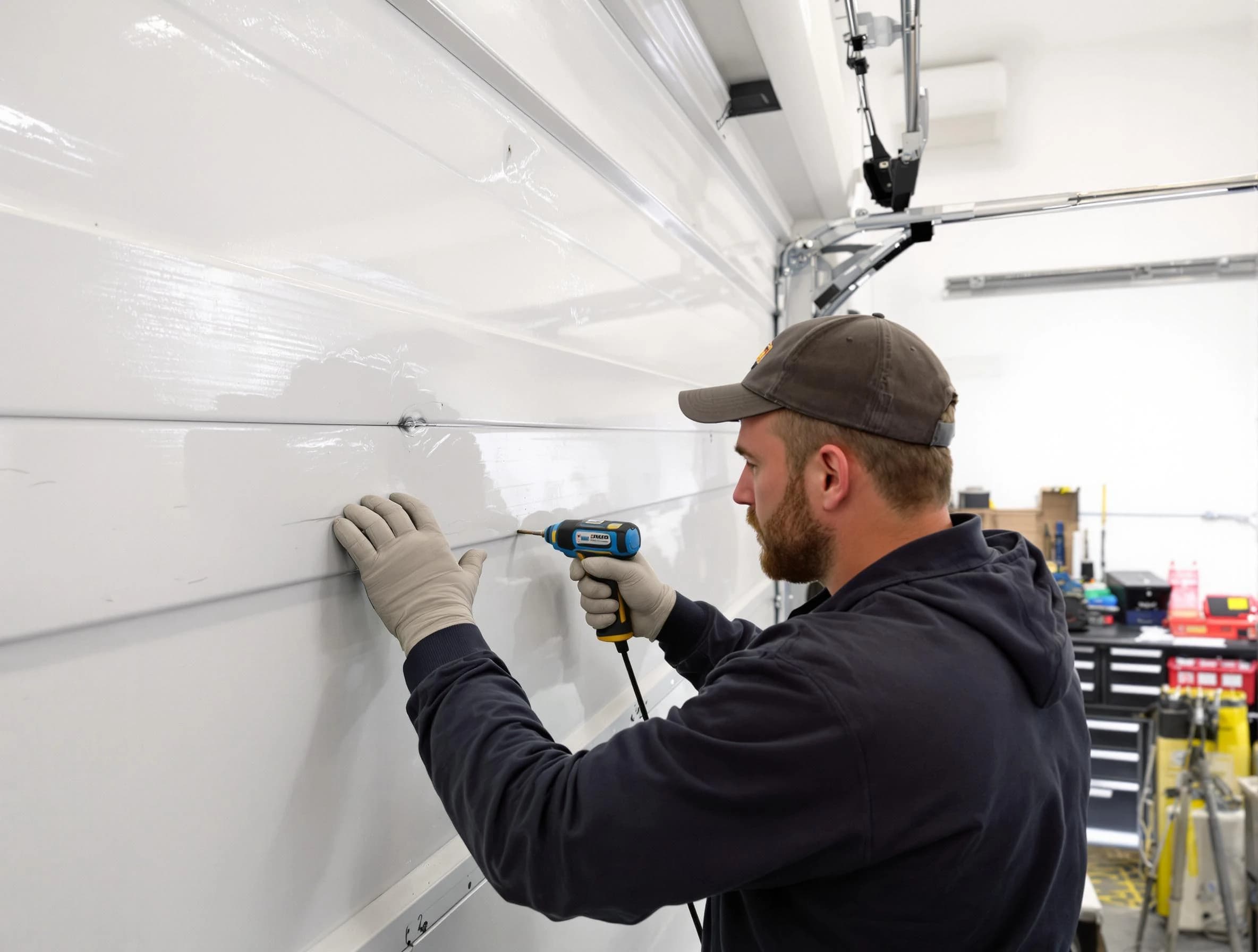 Williamsburg Garage Door Repair technician demonstrating precision dent removal techniques on a Williamsburg garage door