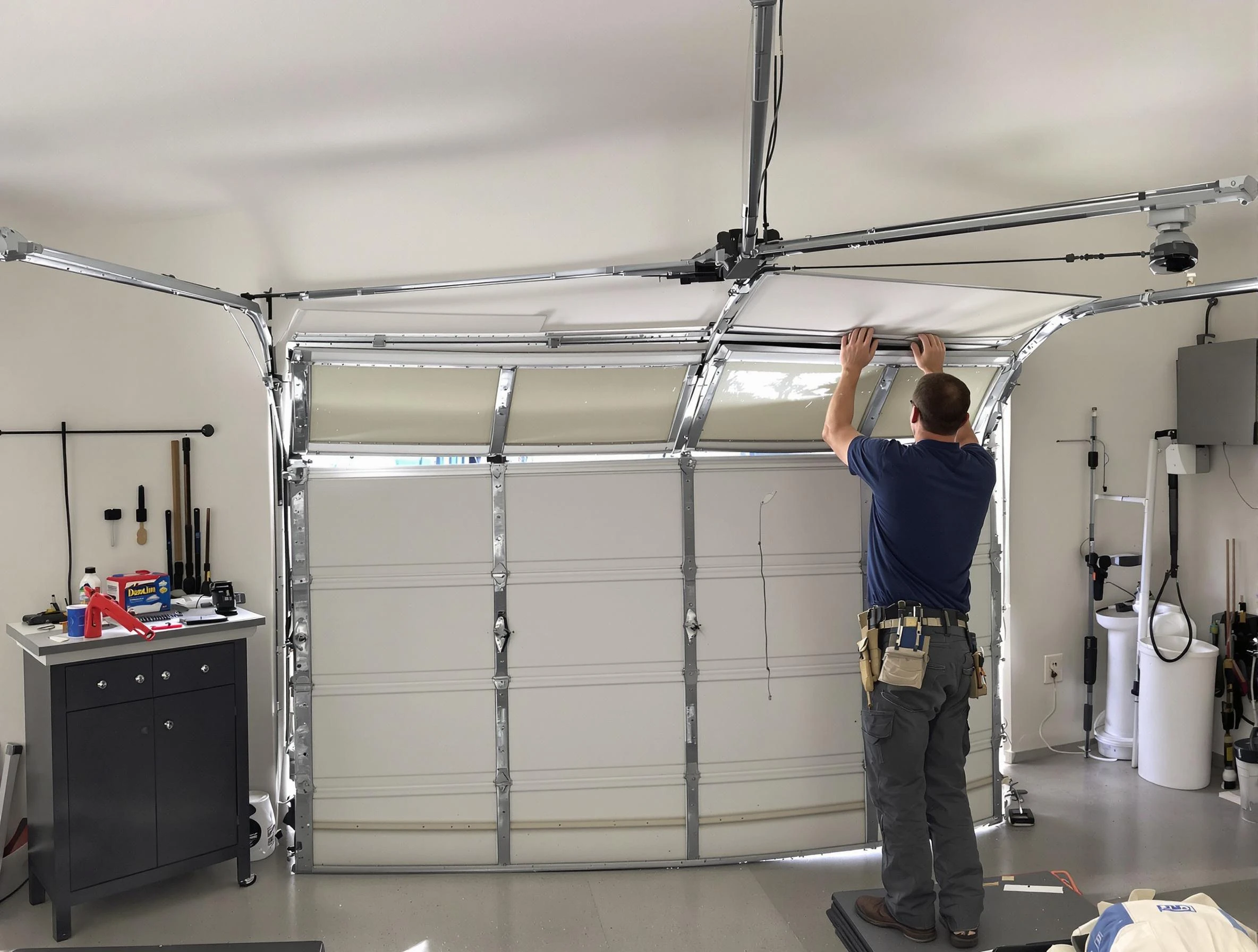 Williamsburg Garage Door Repair specialist performing precise section replacement on Williamsburg garage door